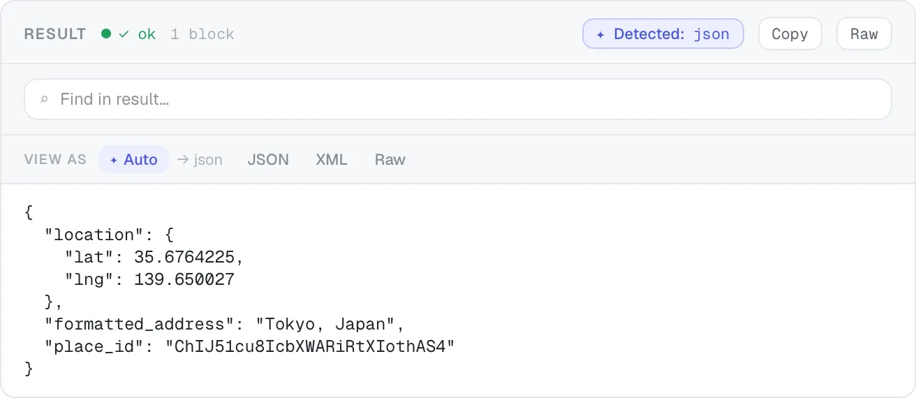 A geocoding result shown as pretty-printed JSON.